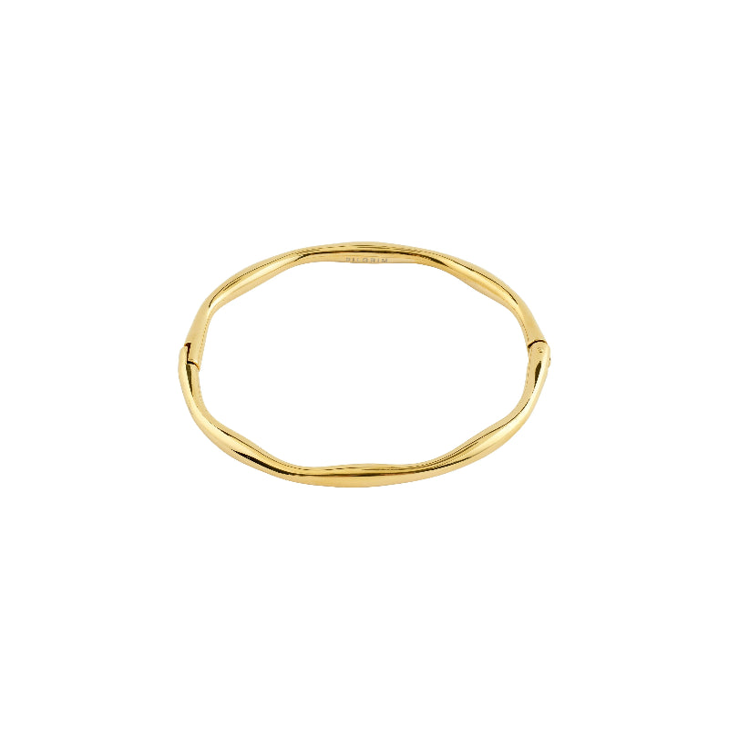 A polished gold bangle bracelet with a wavy, organic twisted design, shown on a plain white background.