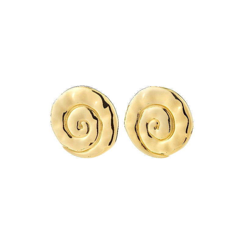 Pair of gold spiral earrings on a white background
