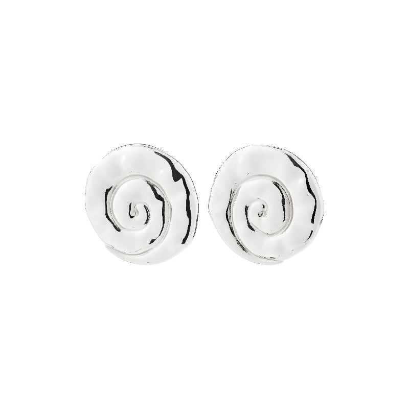A pair of silver spiral stud earrings with a polished, hammered texture, shown against a plain white background.