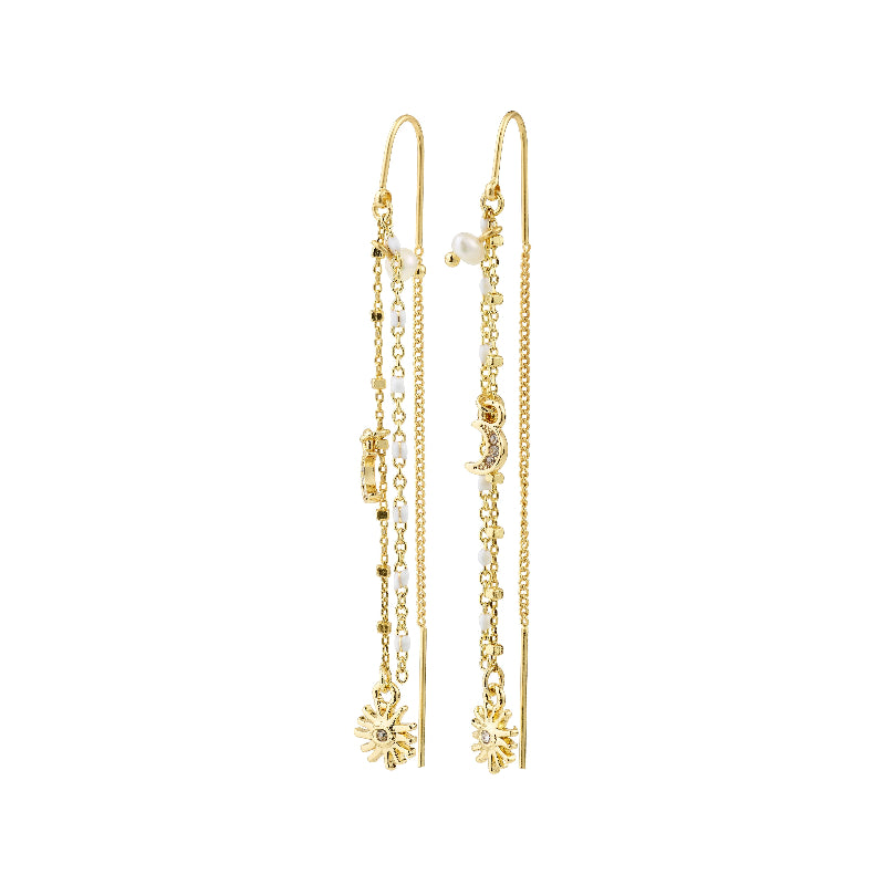 A pair of long gold earrings on a plain white background