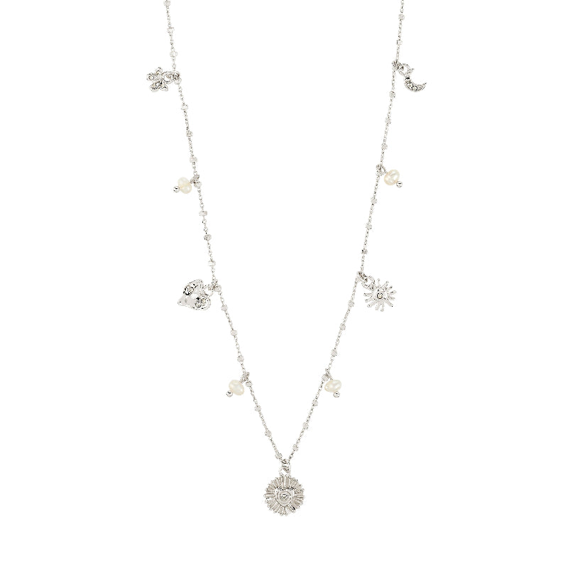 Silver charm necklace on a white background