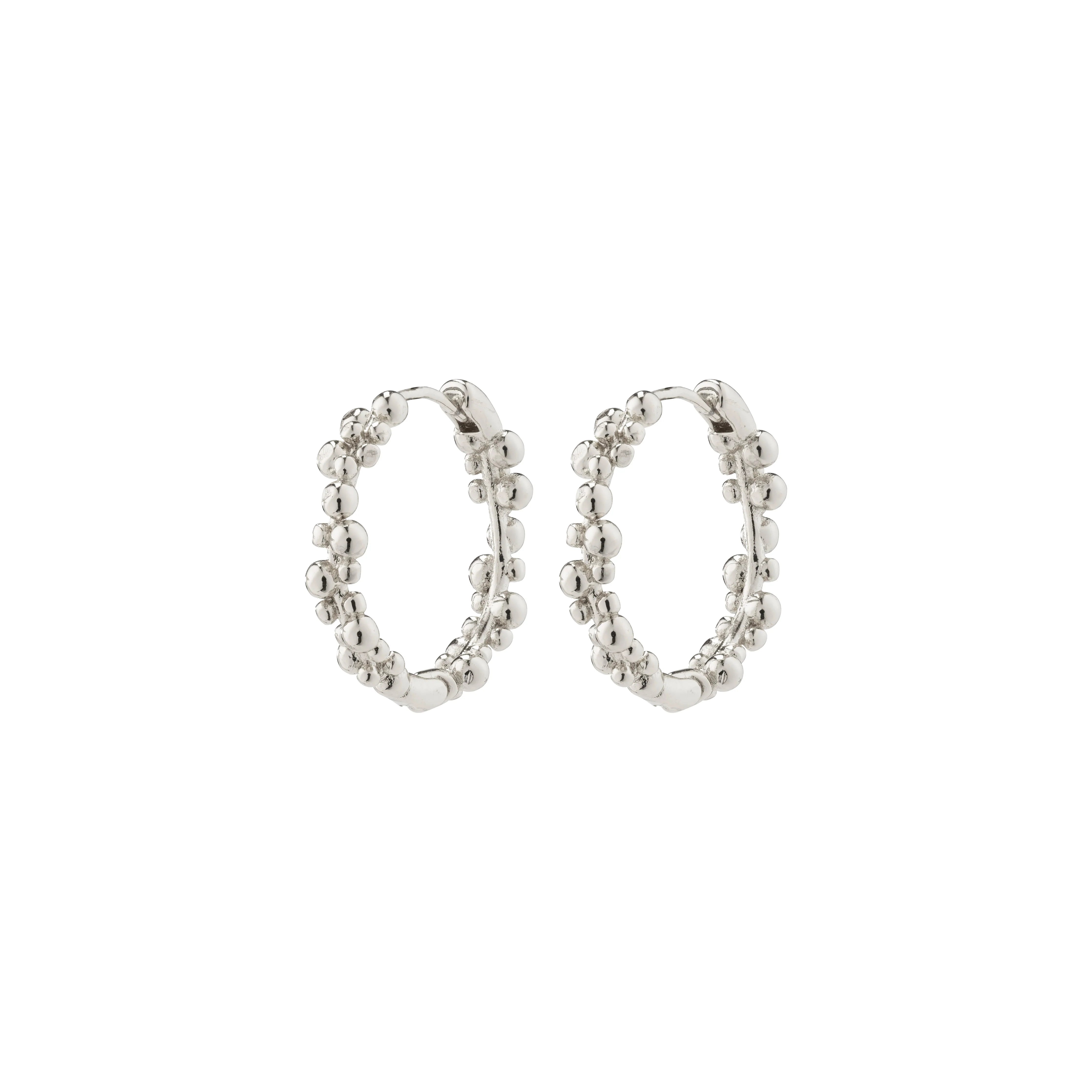 Pair of silver hoop earrings on a white background
