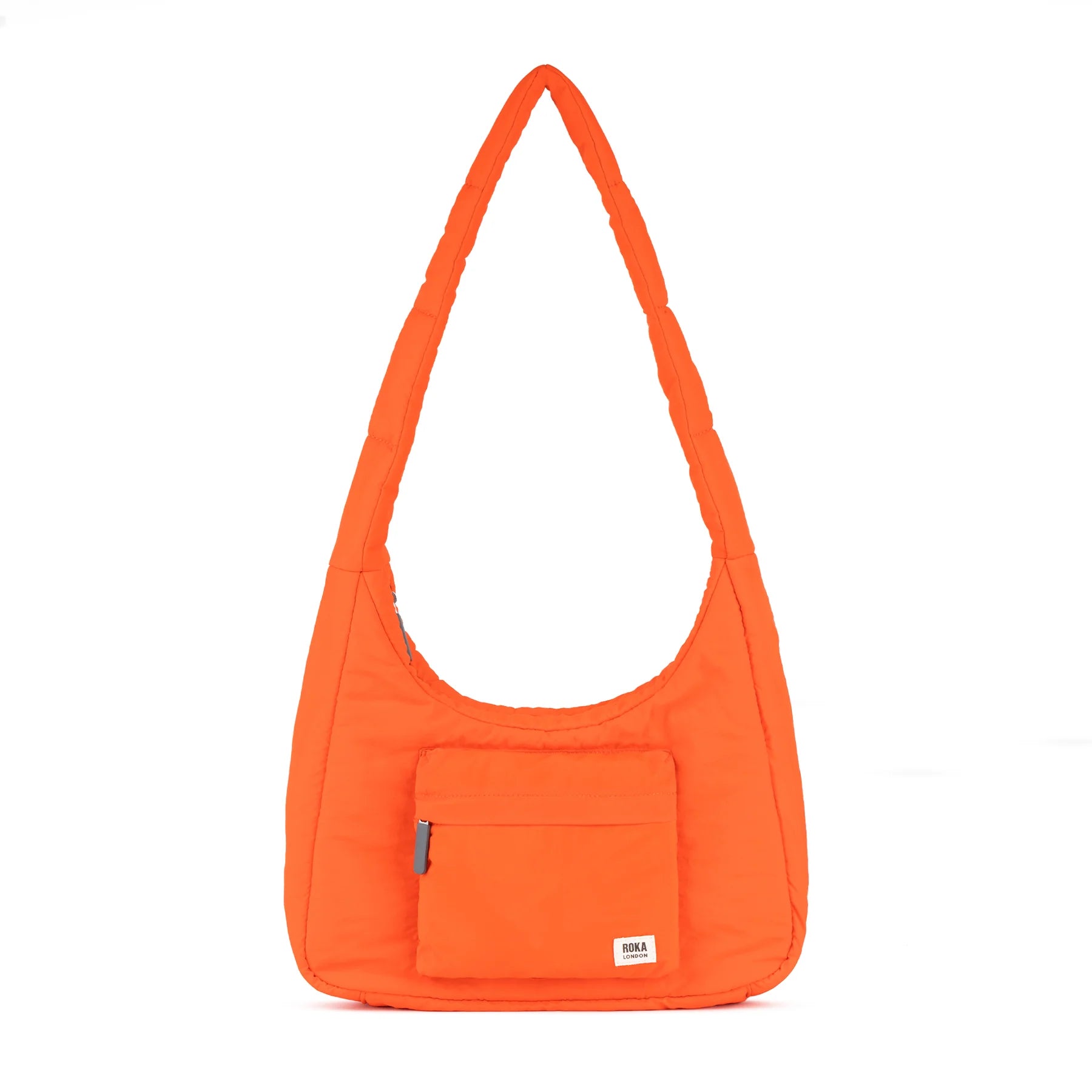 Roka Belize Medium Crossbody Bag Tangerine with a pocket on a white background