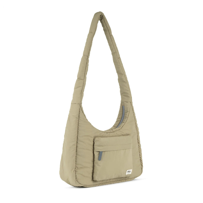Roka Belsize Medium Crossbody Bag Taupe with a pocket on a white background