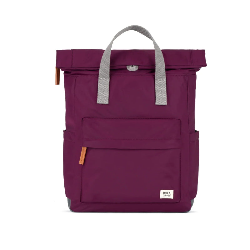 Roka Backpack Canfield Sustainable Medium Royal Burgundy backpack with gray handle on a white background