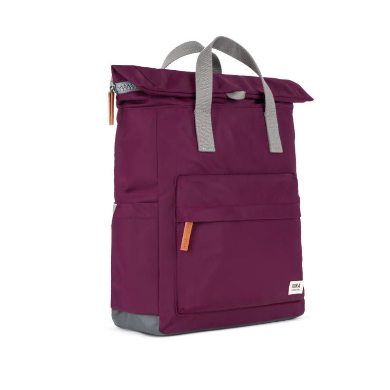 Roka Backpack Canfield Sustainable Medium Royal Burgundy backpack with gray straps on a white background