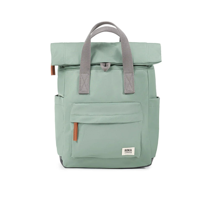 Light green backpack with gray straps on a white background