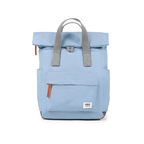 Light blue backpack with gray straps on a white background