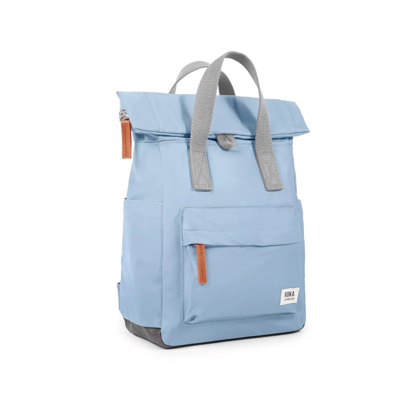 Light blue backpack with gray straps on a white background