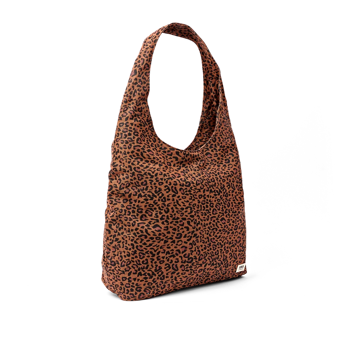 A brown and black leopard print slouchy shoulder bag with a small white brand tag on the bottom right, shown on a solid white background.