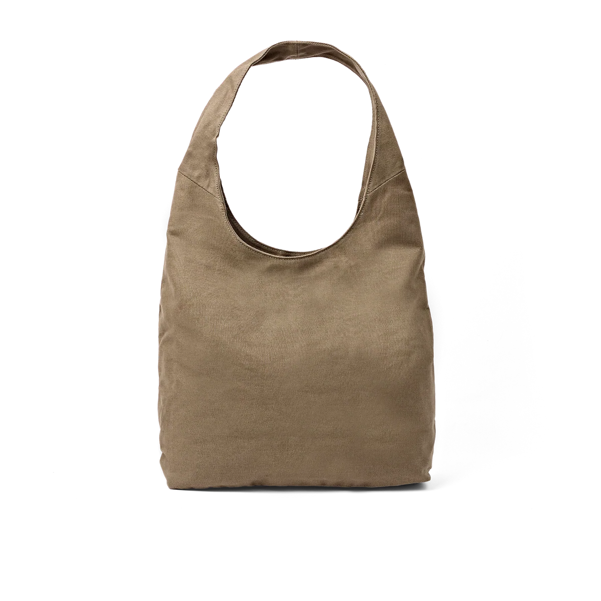 A slouchy, slouchy hobo-style shoulder bag in a muted taupe-brown canvas, shown against a plain white background.
