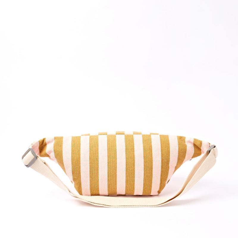 Striped sling bag with pink and yellow stripes on a white background