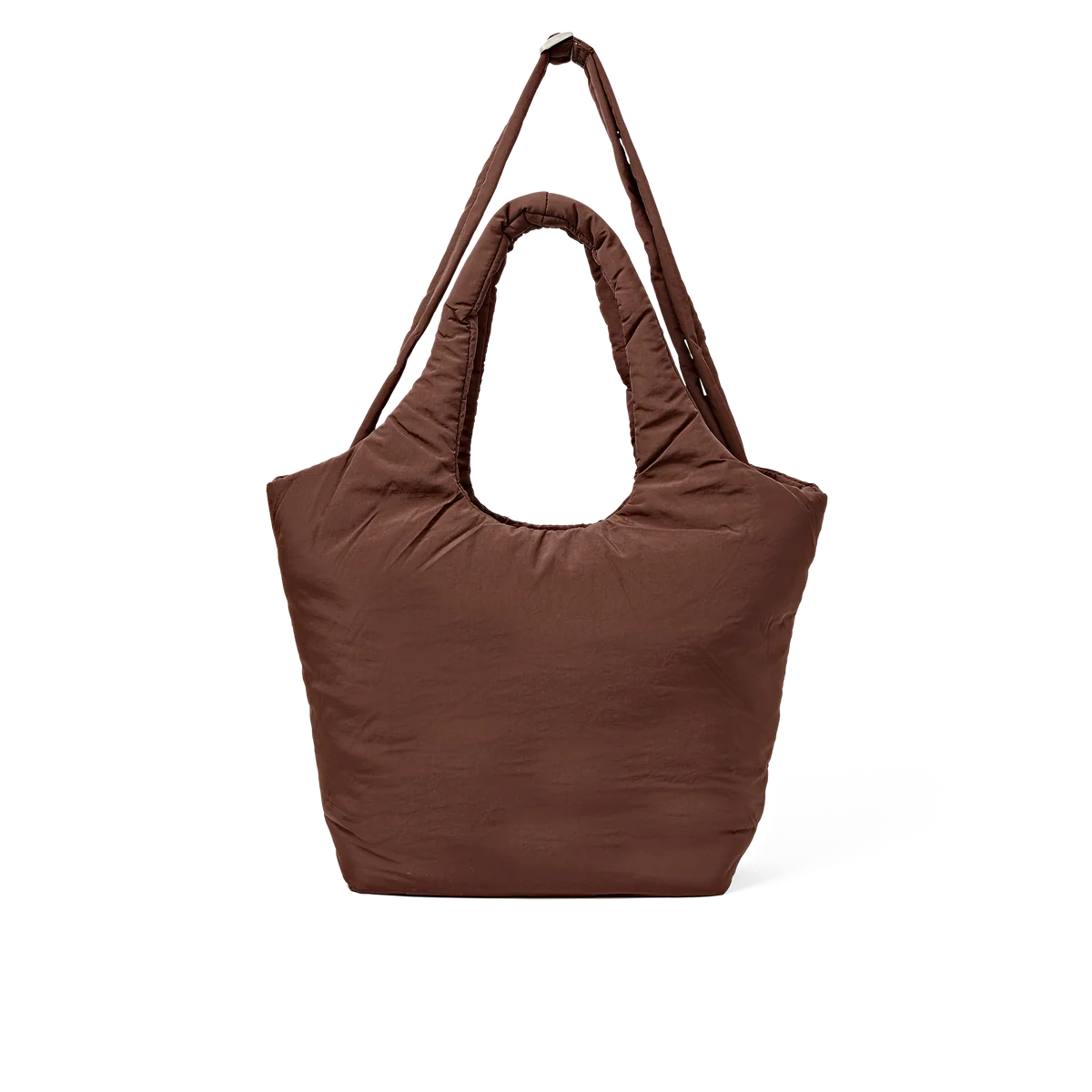 A brown puffy reusable tote bag with a single shoulder strap, shown against a plain white background.
