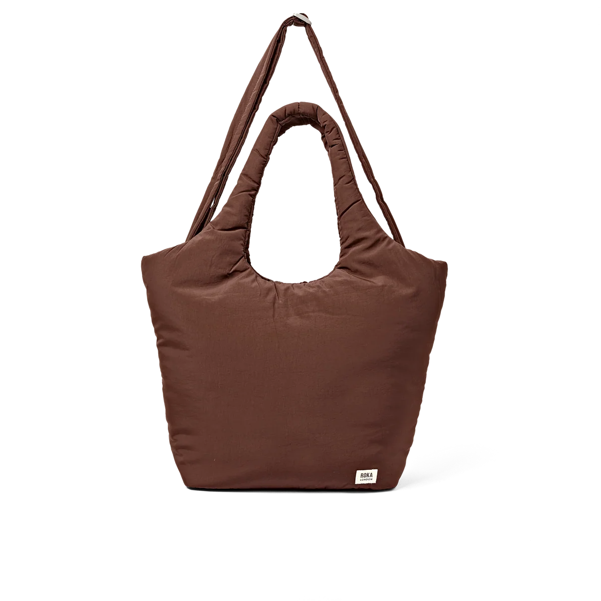 A brown puffy reusable tote bag with a single shoulder strap, shown against a plain white background.