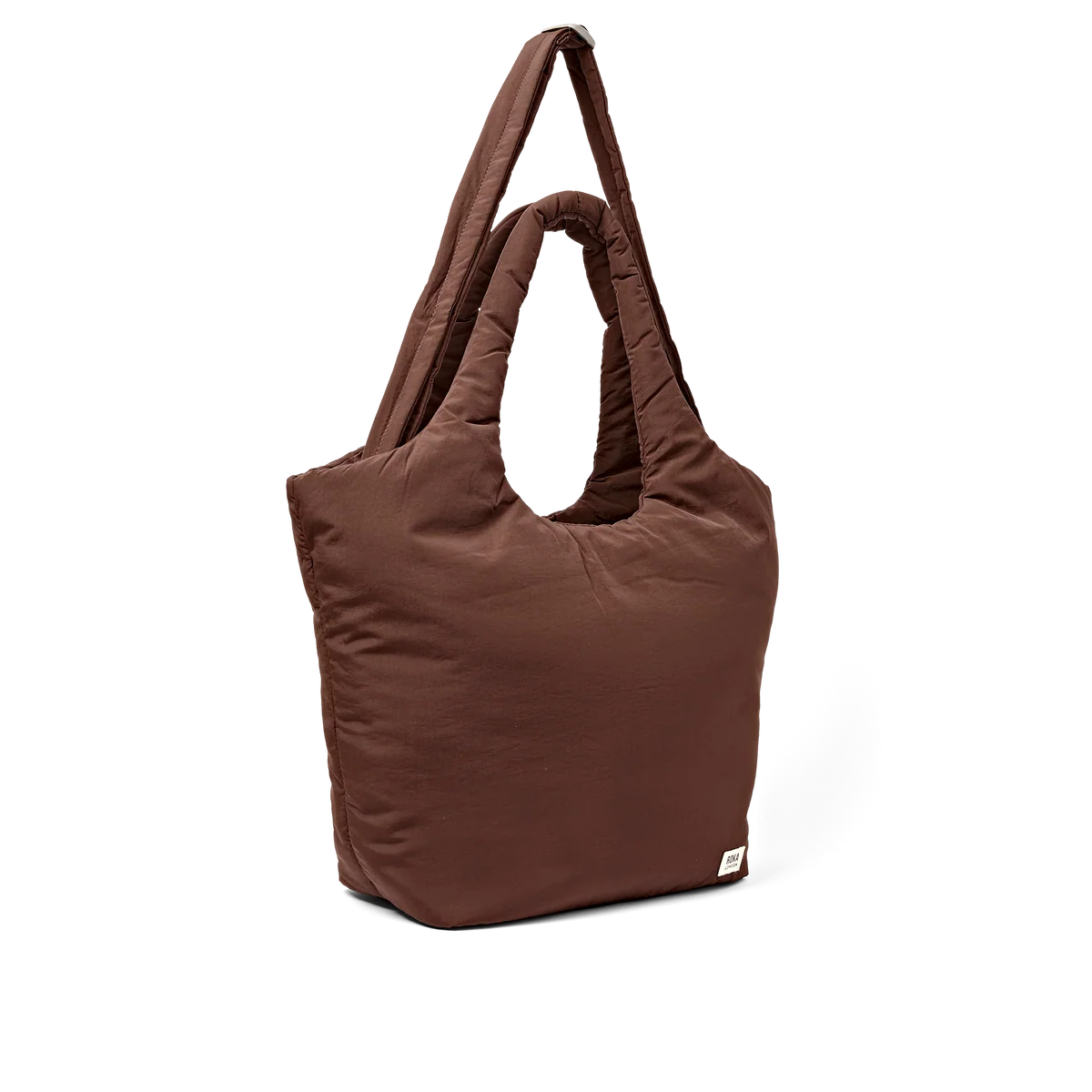 A brown puffy quilted tote bag with a single shoulder strap, shown from a three-quarter angle on a white background.