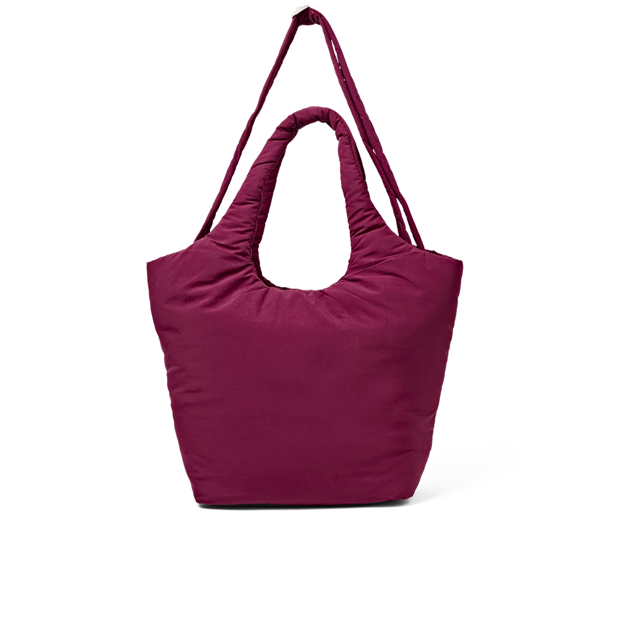 A small, structured tote bag in a deep magenta-purple color, featuring a padded, quilted texture and a matching shoulder strap, shown against a plain white background.