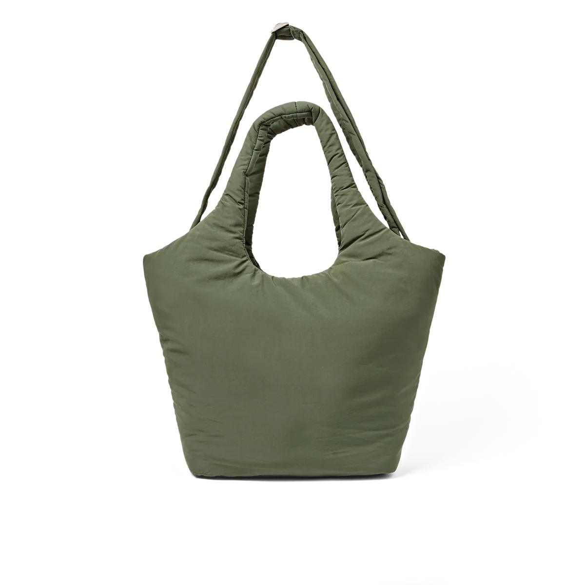An olive green puffer-style tote bag with a single shoulder strap, photographed against a clean white background.