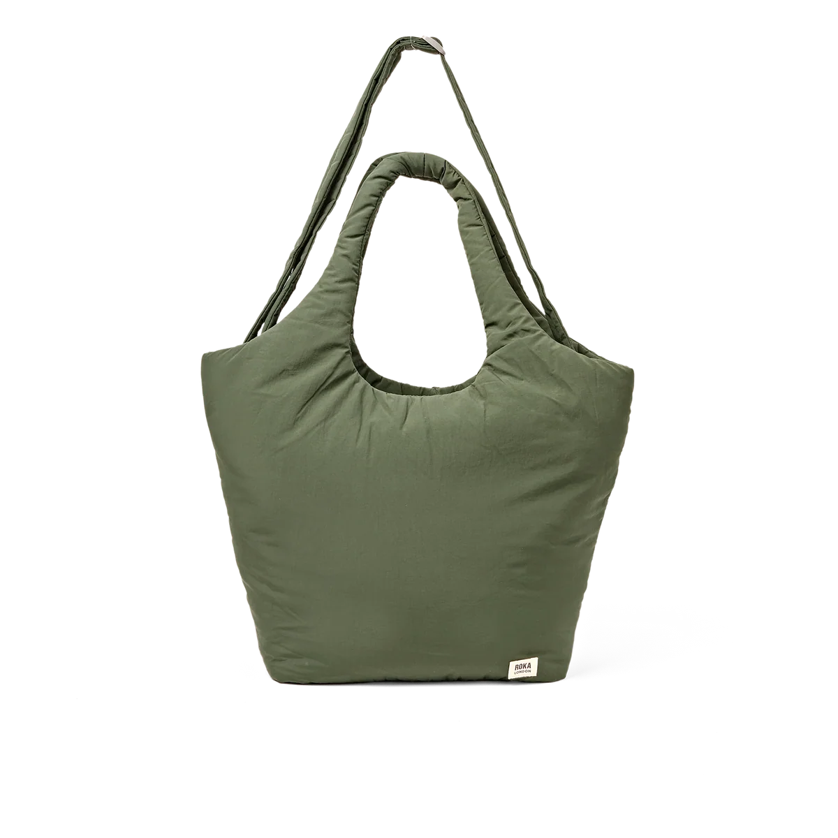 An olive green puffy reusable tote bag with a single shoulder strap and a small white brand tag on the bottom right, shown against a plain white background.