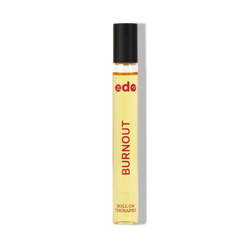 Roll-on bottle labeled 'BURNOUT' by 'ede' on a white background