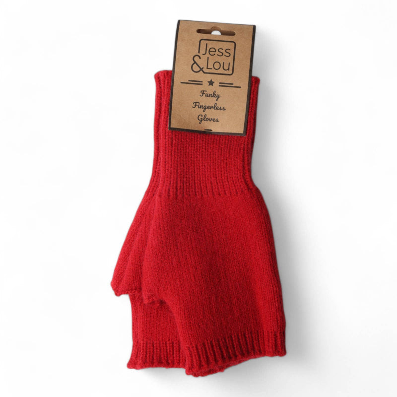 A pair of red knit fingerless gloves with a brown kraft paper hangtag, displayed against a clean white background. The tag is branded 'Jess & Lou' and reads 'Funky Fingerless Gloves'.