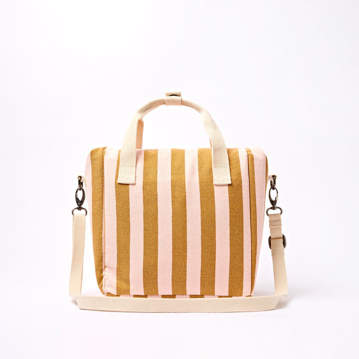 Striped tote bag with beige and pink stripes on a white background