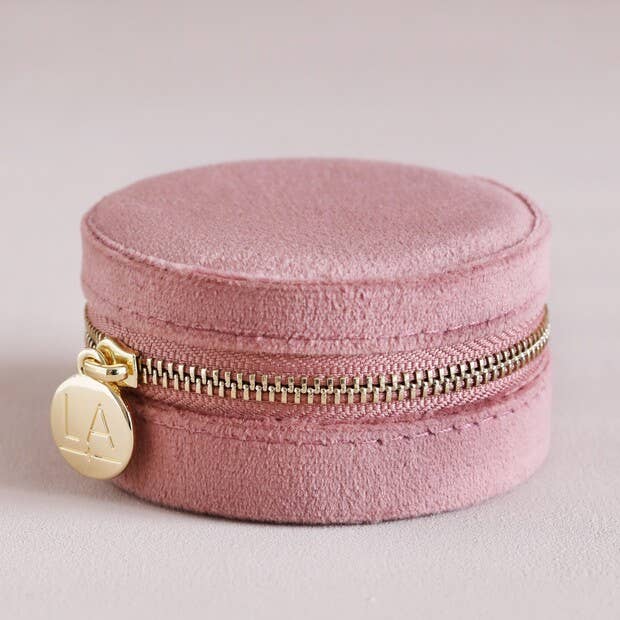 Rose Pink Velvet Round Travel Jewellery Case zipped