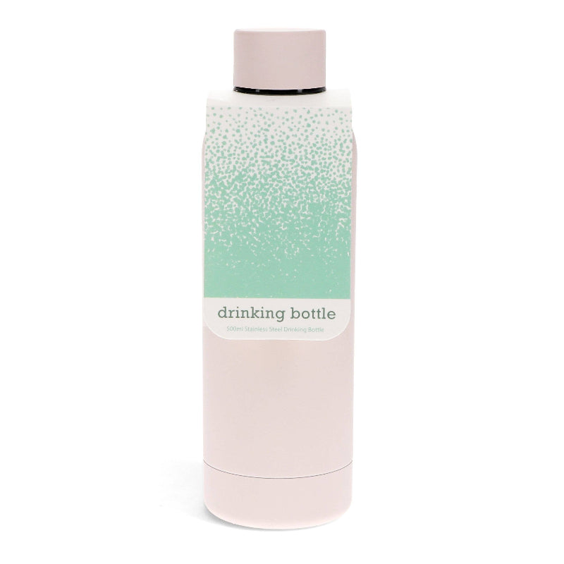 White and pink drinking bottle with a label on a white background