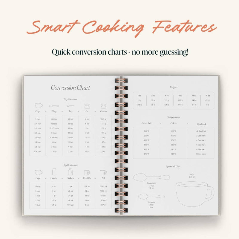 Open spiral-bound book displaying a conversion chart with smart cooking features text above.