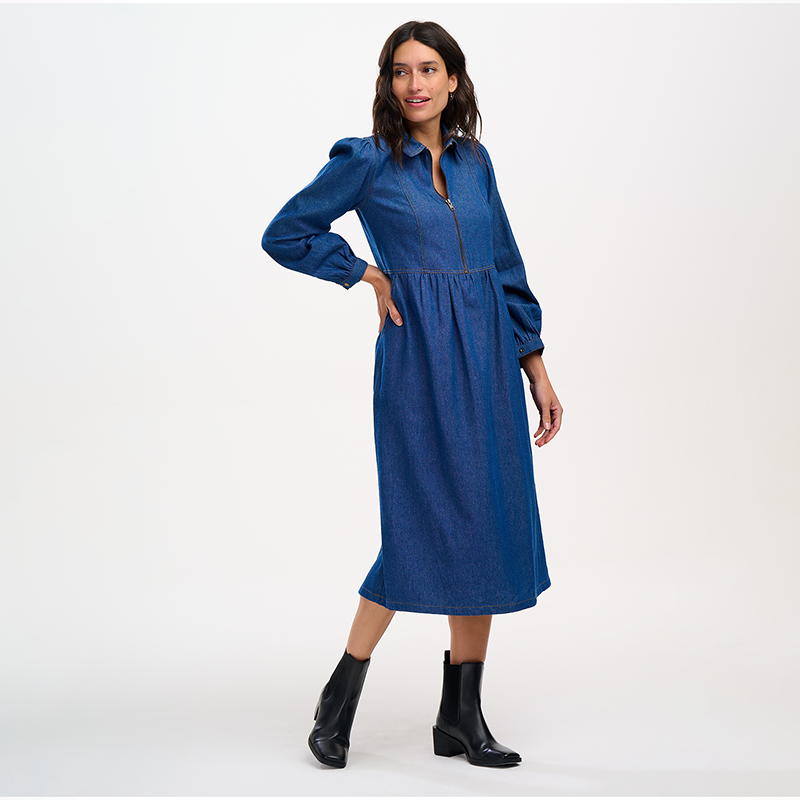 Sugarhill Kirsty Midi Smock Dress Mid Blue Denim