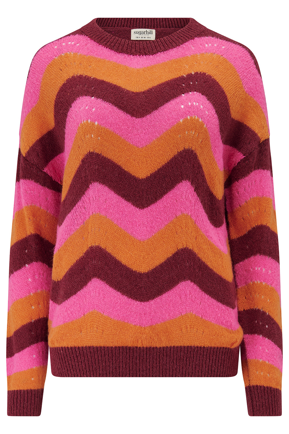 Colorful zigzag patterned sweater on a white background