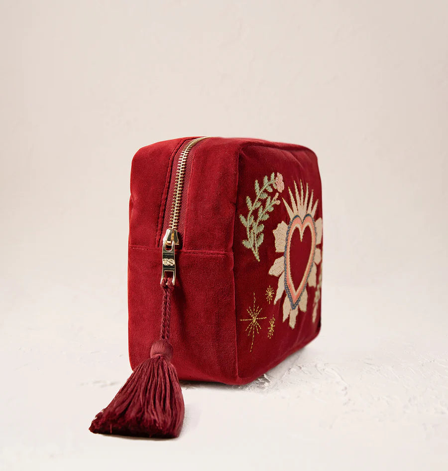 RED VELVET WASH BAG WITH SACRED HEART EMBROIDERY