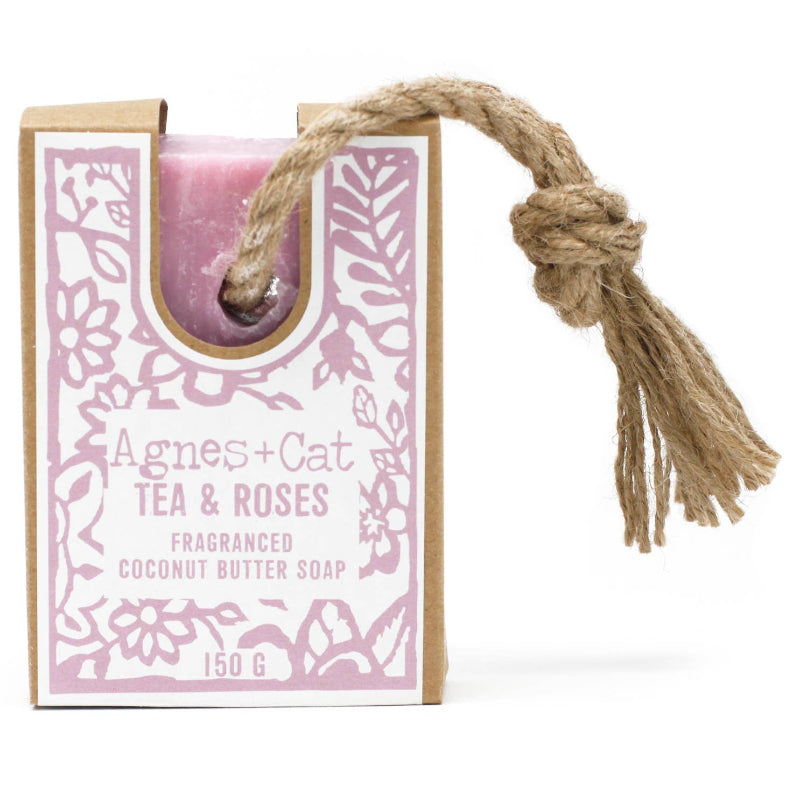 Fragranced coconut butter soap with 'Agnes + Cat Tea & Roses' packaging on a white background