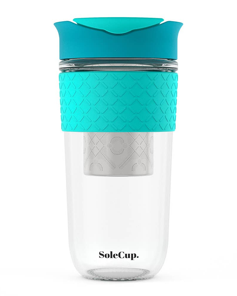SoleCup Glass Travel Mug 18oz (530ml) with Loose Tea Infuser: Blue