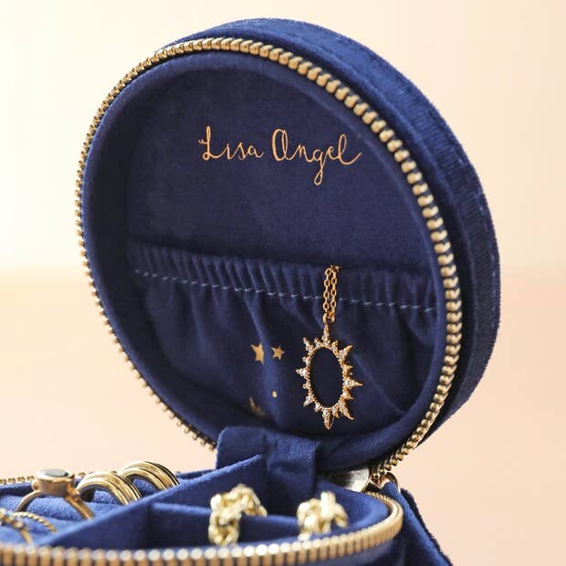Starry Night Printed Velvet Round Jewellery Case in Navy lid