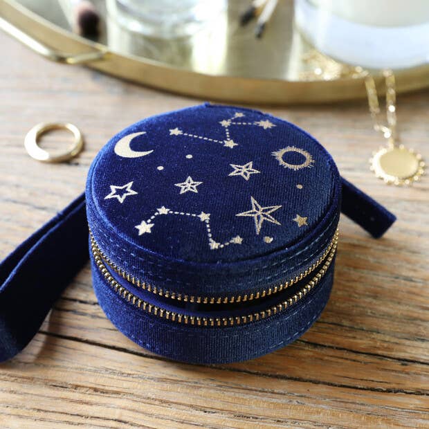 Starry Night Printed Velvet Round Jewellery travel Case in Navy
