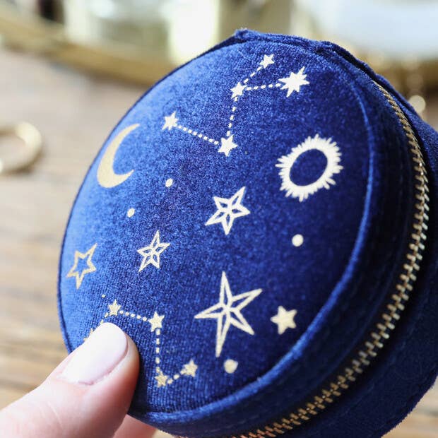 Starry Night Printed Velvet Round Jewellery travel Case in Navy embroidered