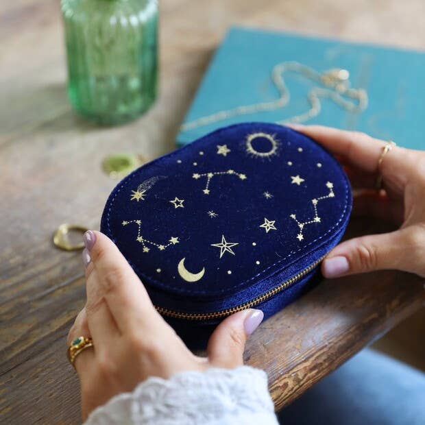 Starry Night Velvet Oval Jewellery Case in Navy lifestyle