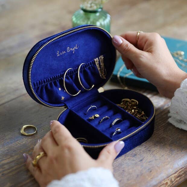 Starry Night Velvet Oval Jewellery Case in Navy open with jewellery