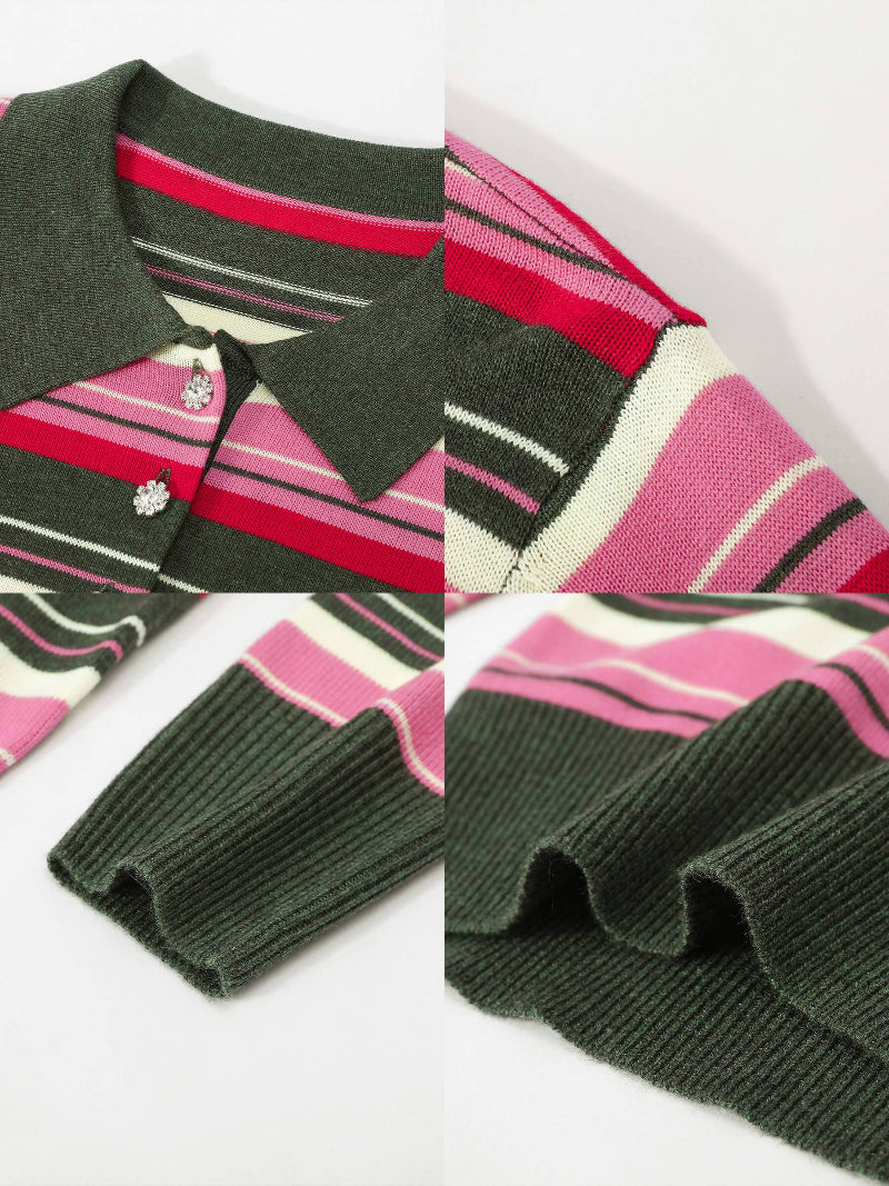 Close-up of a striped sweater with green, pink, and white pattern on a white background