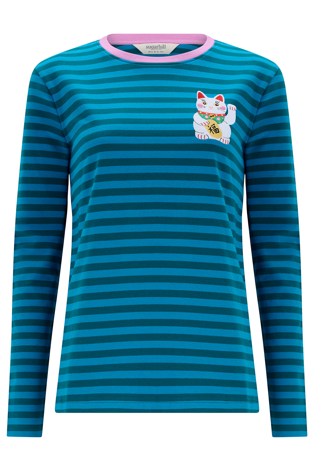 Sugarhill Brighton Brunswick Lucky Cat Jersey Top Blue striped long-sleeve shirt with a cat emblem on a white background