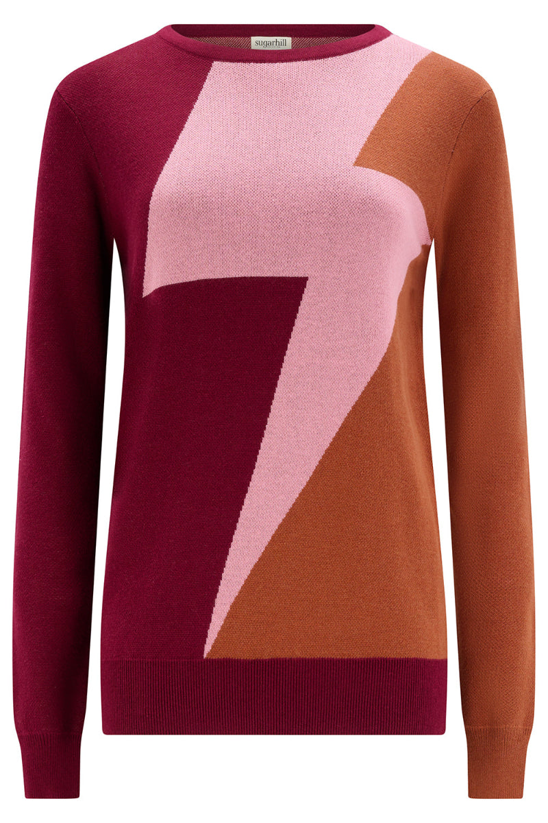 Color-blocked sweater with geometric design on a white background