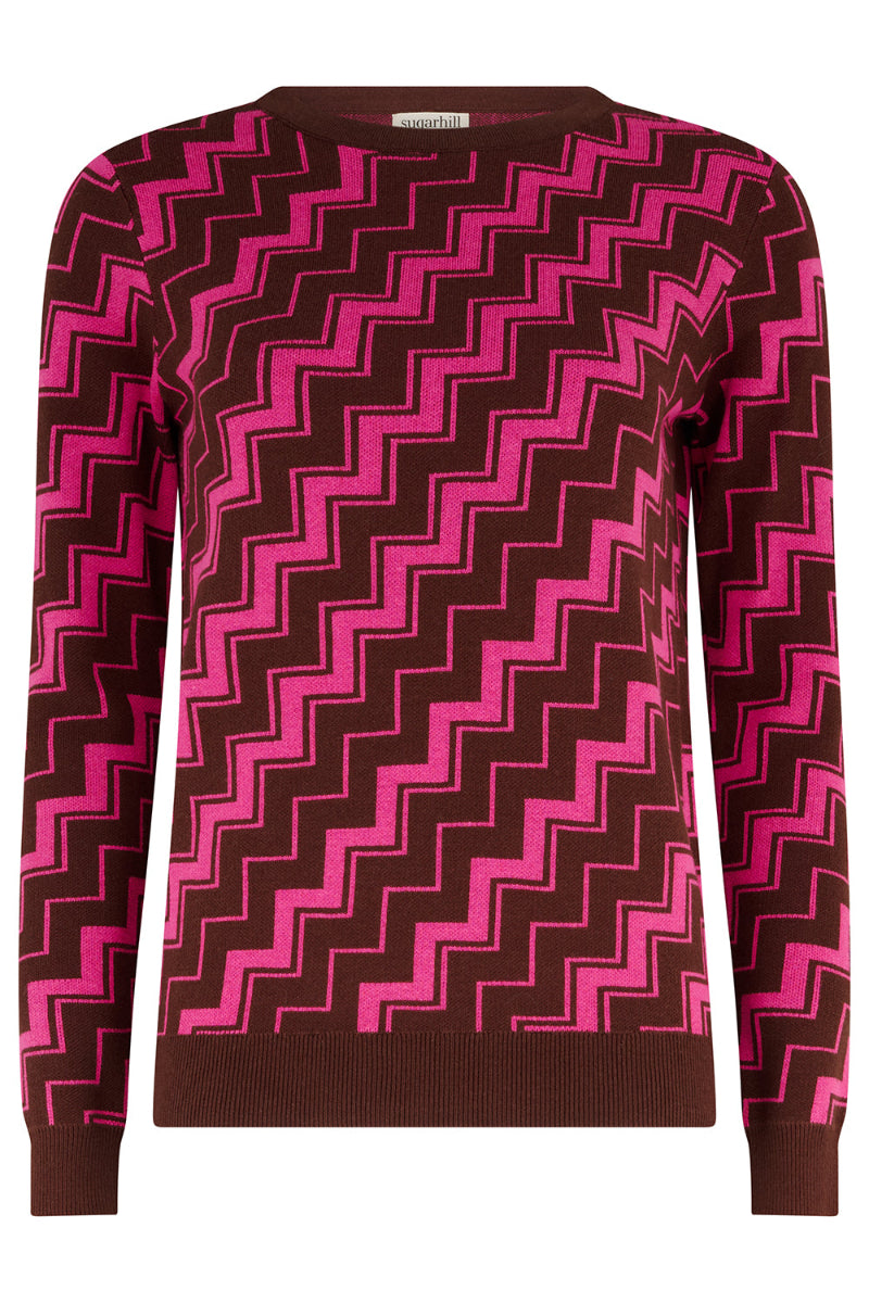 Sweater with pink and brown zigzag pattern on a white background