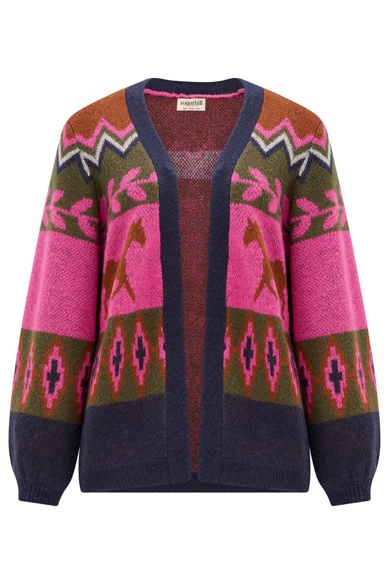 A multicolor knit cardigan sweater featuring pink, olive green, navy blue, and brown geometric and horse-themed patterns, shown against a plain white background.