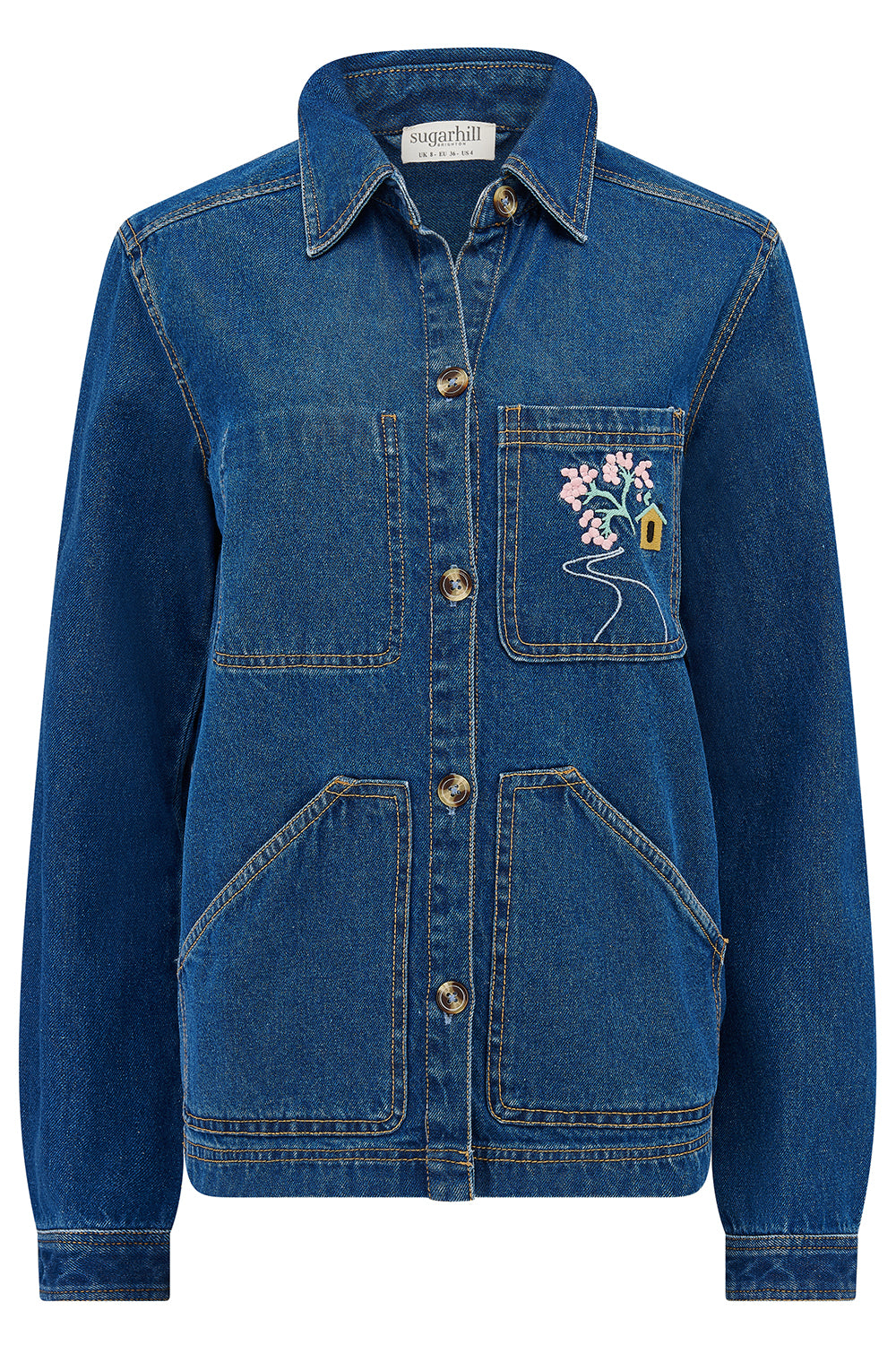 Sugarhill Dita Denim Jacket with floral embroidery on a white background