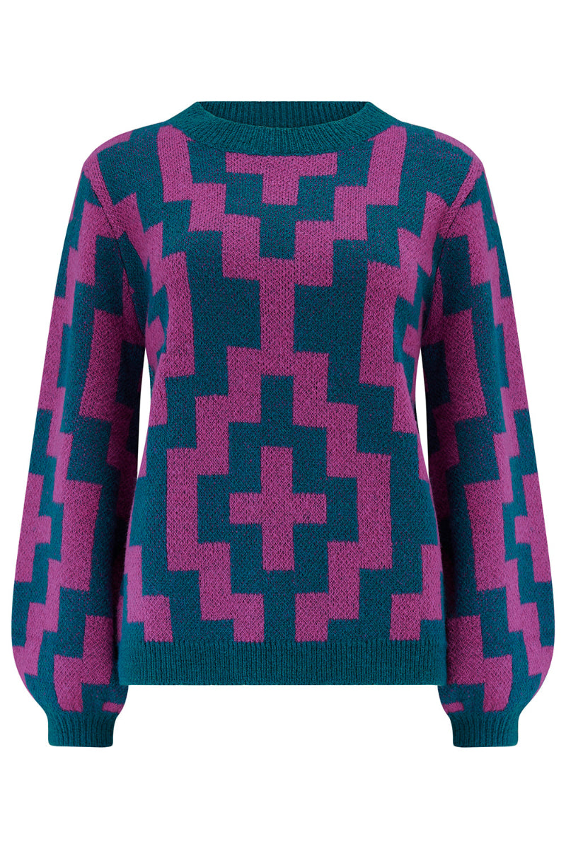 Sugarhill Essie Jumper Teal/Pink Diamond Teal sweater on a white background
