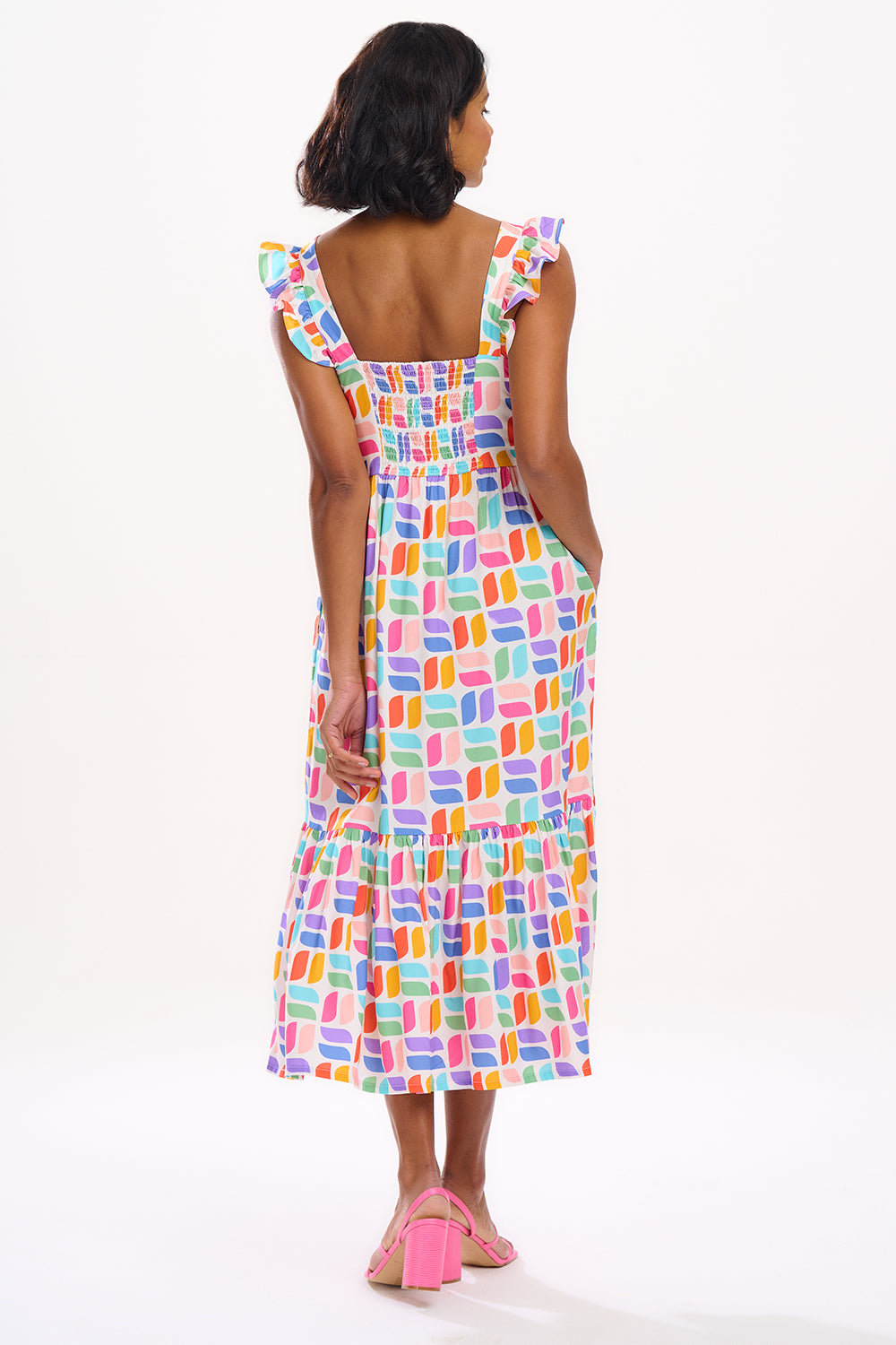 Sugarhill Estelle Shirred Midi Dress on model back