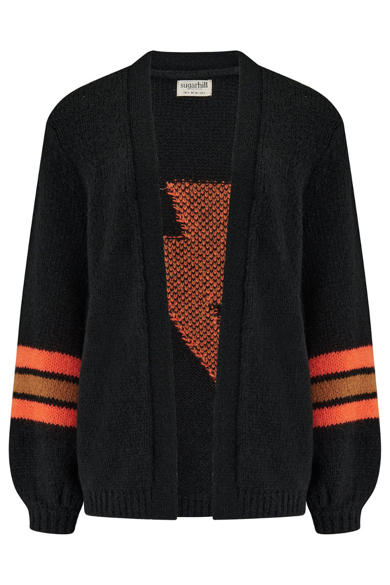 Sugarhill Yvette Cardigan Black Lightning cardigan with orange and brown striped sleeves on a white background
