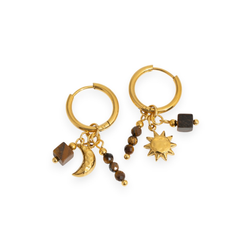 Sun, moon and natural stone pendant earring in brown & gold