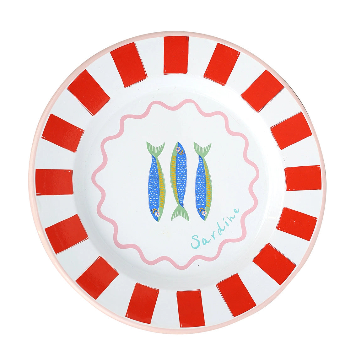 Talking TAbles Sardine enamel dinner plate on white backfround