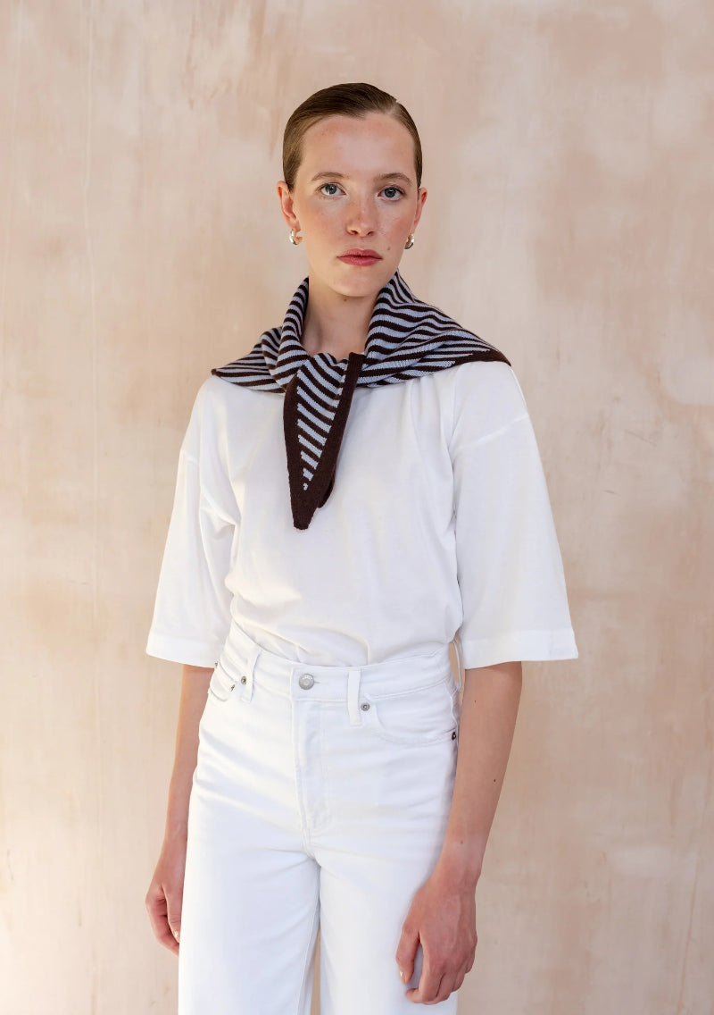 Woman wearing a white shirt and pants with a TBCO BLUE ABD BROWN striped scarf on a beige background